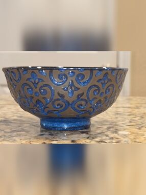 BIA Ooh La La Terrin Bowl Reactive Glaze Western Stoneware 4.5" Blue Damask